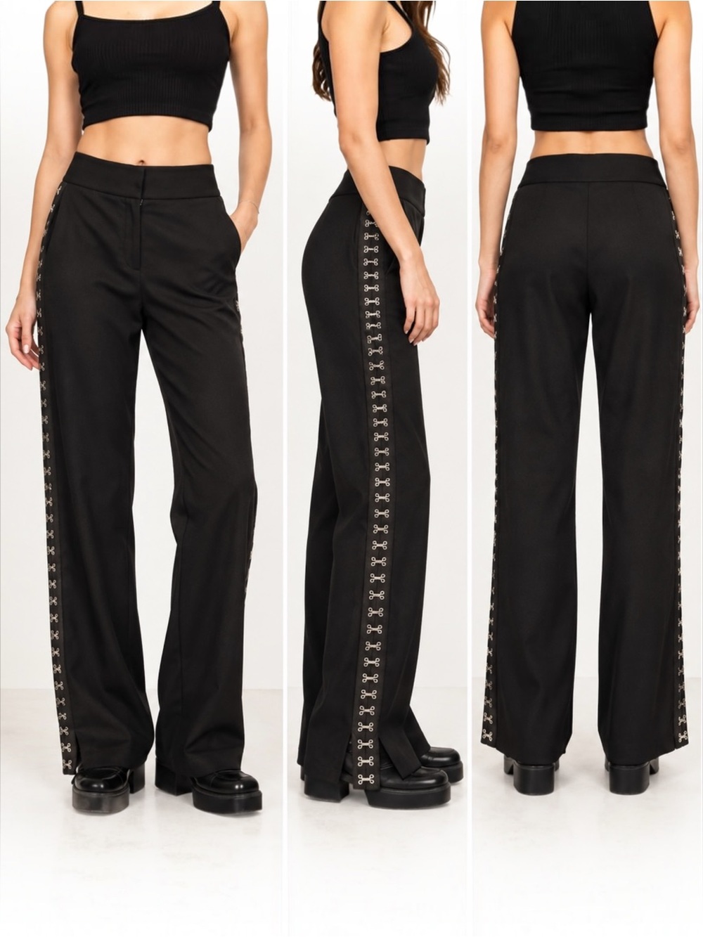 Vatanika Black Hook & Eye Side Trim Wide Leg Pants